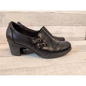 Clarks Womens Black Leather Heeled Loafers With Dual Buckle Straps Size 9.5M